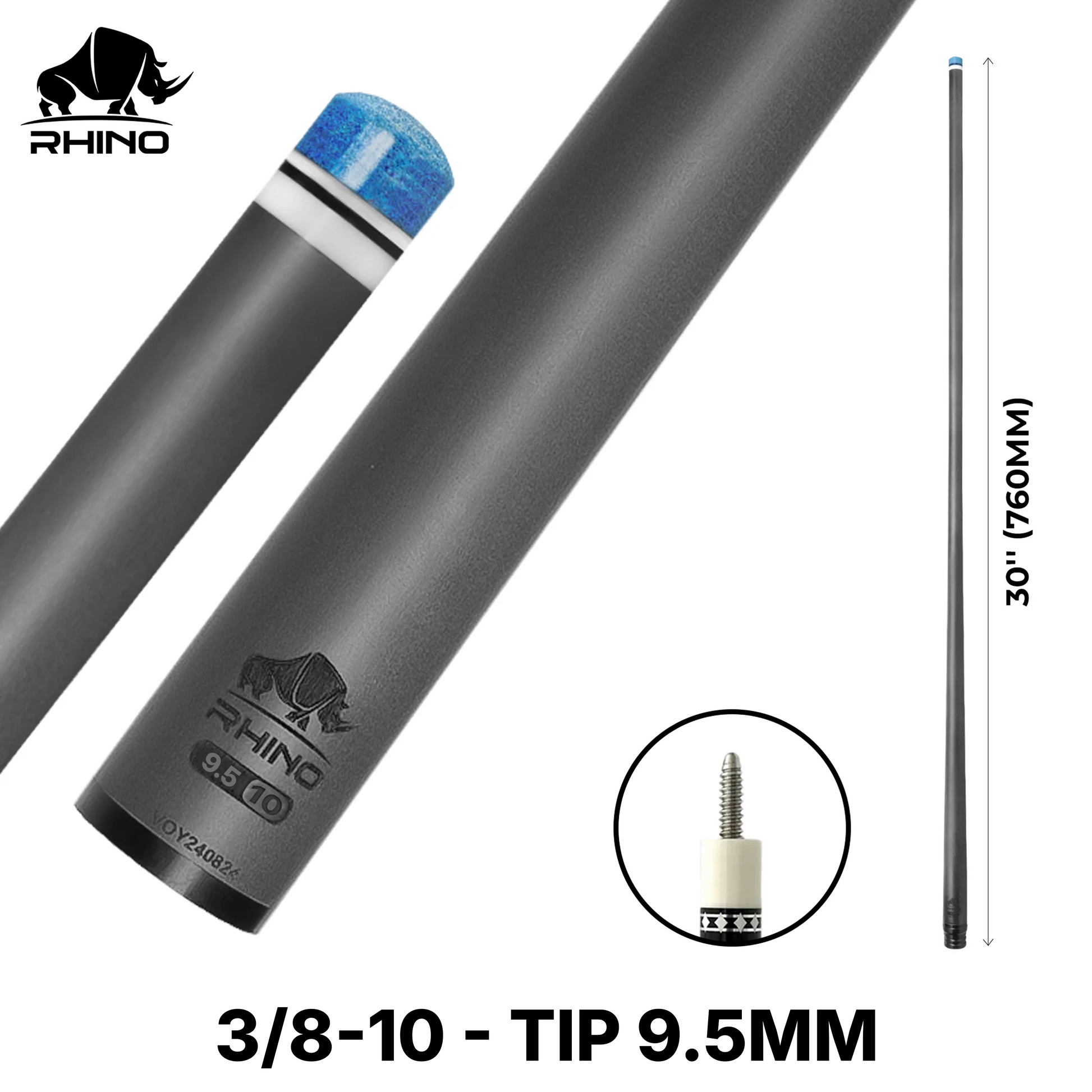 Rhino - 30" / 3/8-10 Carbon Pool Cue Single Shaft 9.5