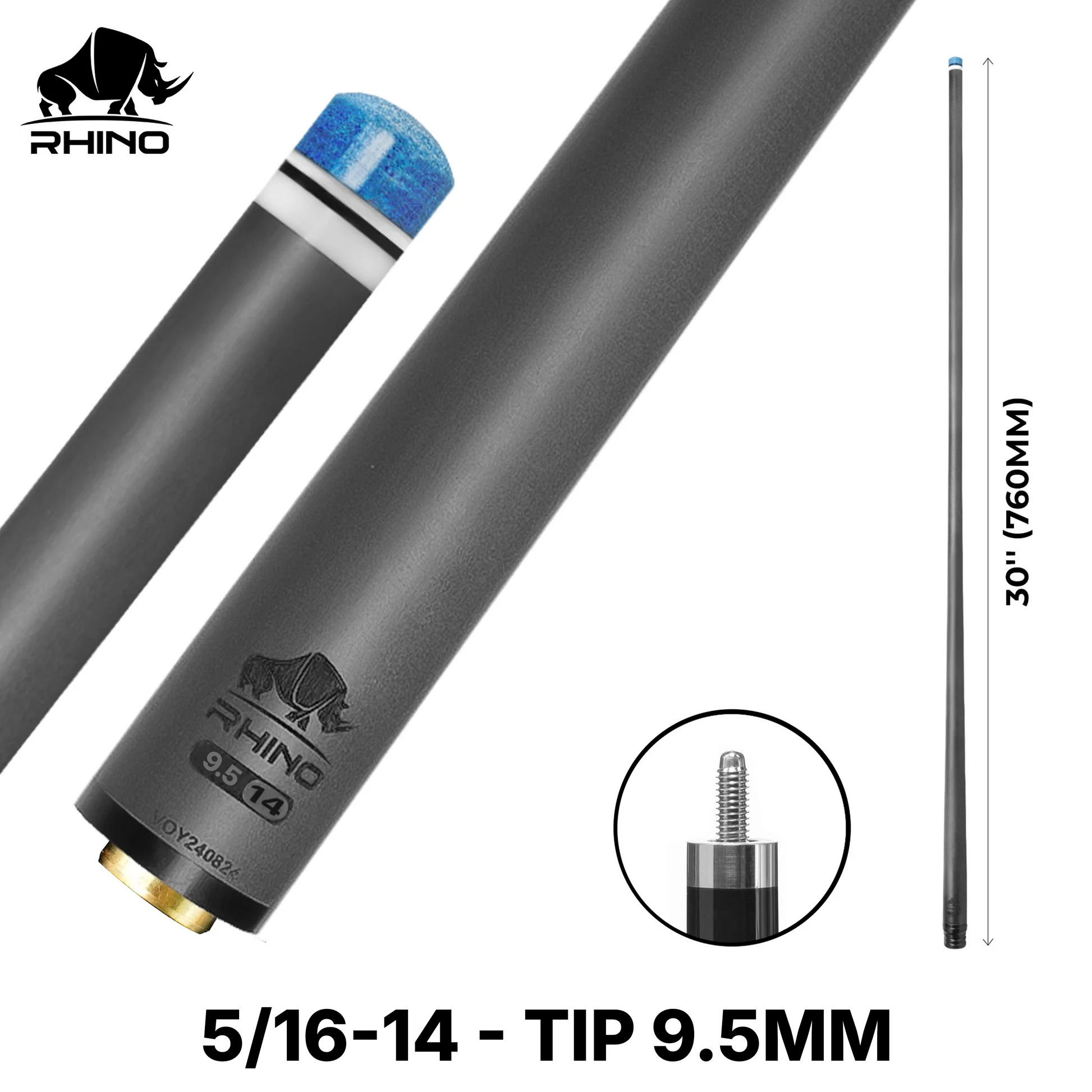 Rhino - 30" / 5/16-14 Carbon Pool Cue Single Shaft - 11.8 / Oversize 9.5