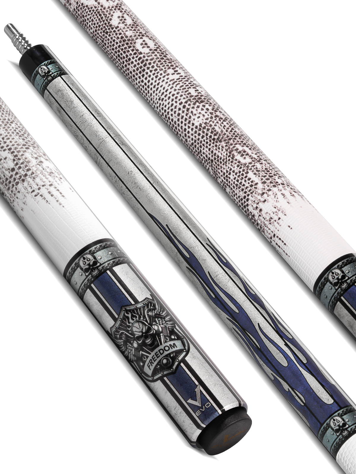 EVO FREEDOM POOL CUE - AZURE FLAME - WHITE LEATHER WRAP