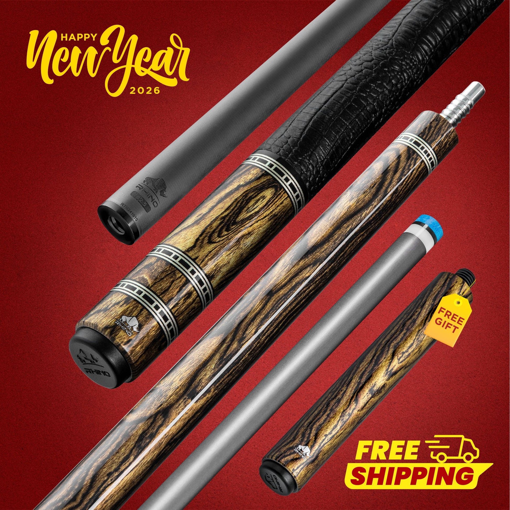 Rhino RETRÔ Pool Cue - Bocote - Crocodile Embossed Microfiber Leather Wrap
