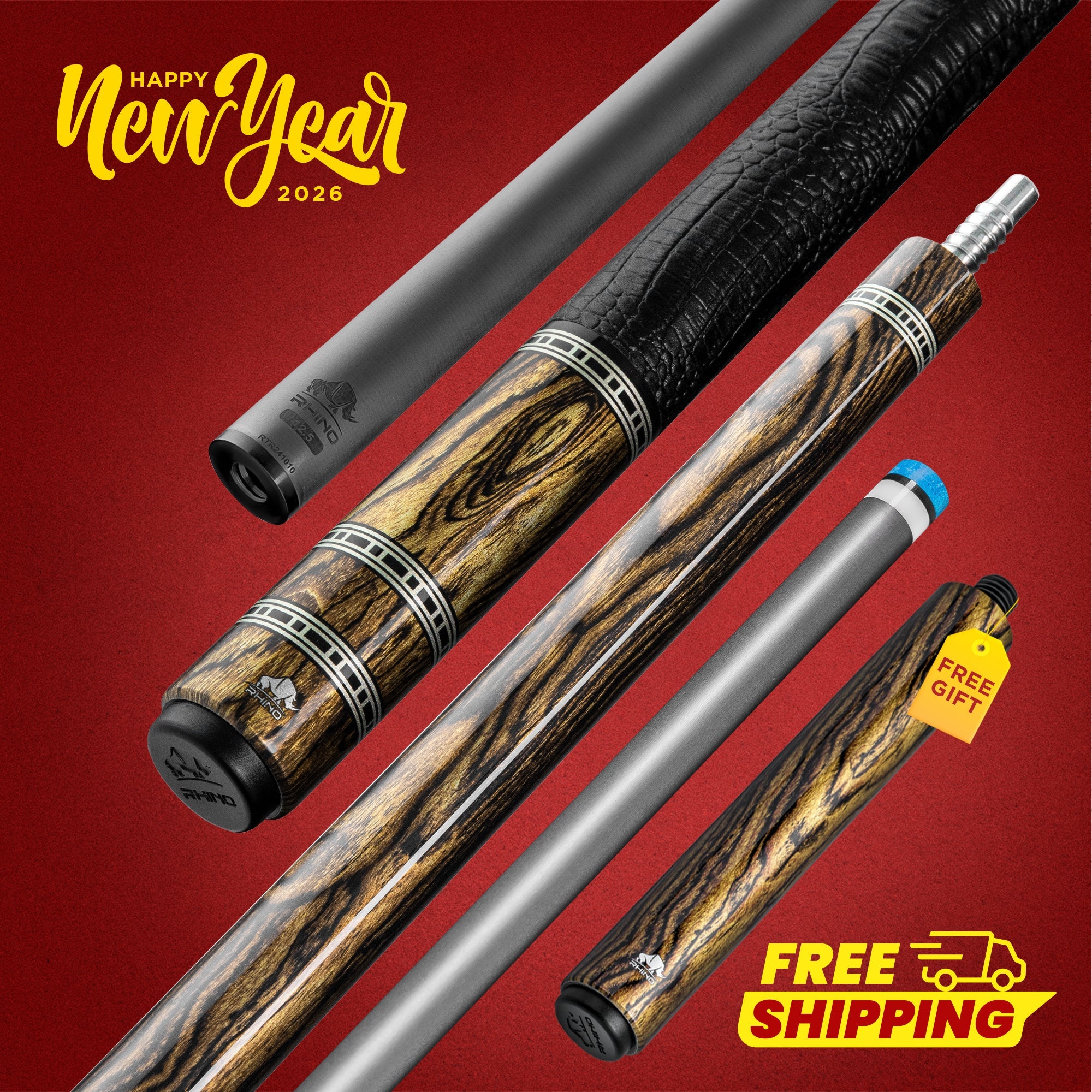 Rhino RETRÔ Pool Cue - Bocote - Crocodile Embossed Microfiber Leather Wrap