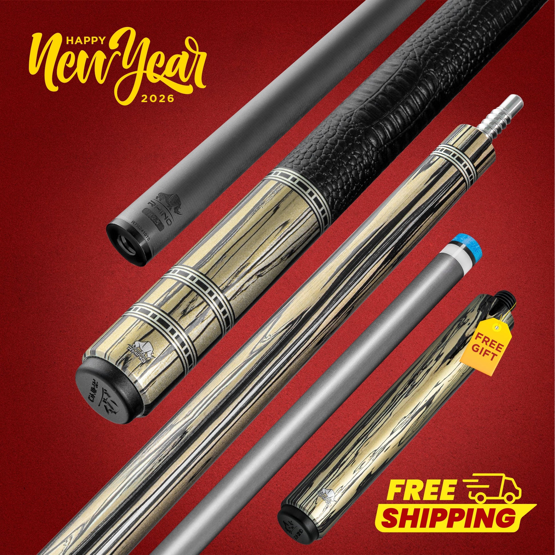 Rhino RETRÔ Pool Cue - Pale Moon Ebony - Crocodile Embossed Microfiber Leather Wrap