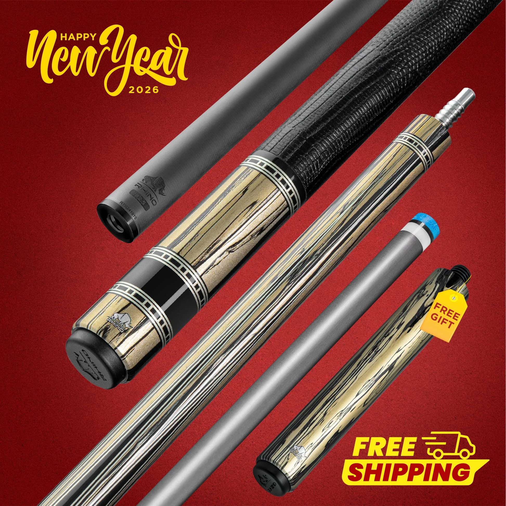 Rhino RETRÔ Pool Cue - Pale Moon Ebony - Lizard Embossed Microfiber Leather Wrap & Point