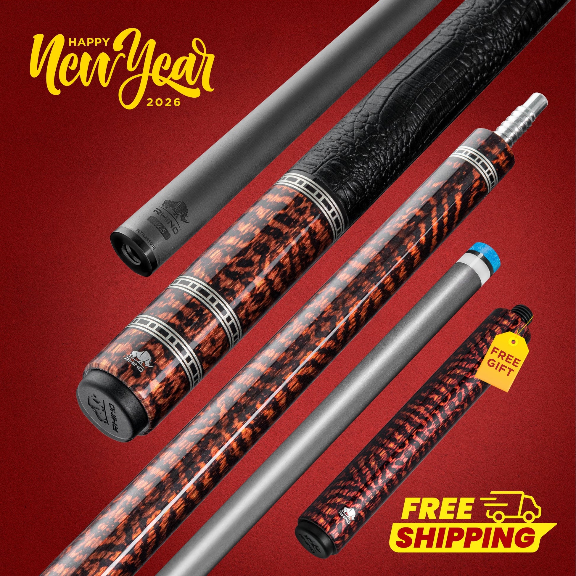 Rhino RETRÔ Pool Cue - Snake - Crocodile Embossed Microfiber Leather Wrap
