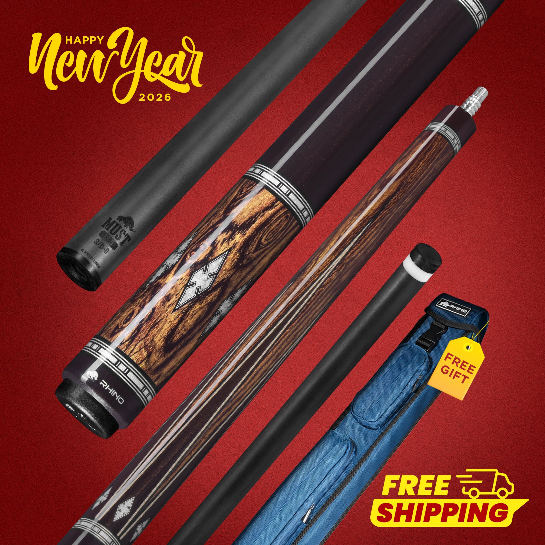 RHINO MUST POOL CUE - BOCOTE EBONY DIAMOND