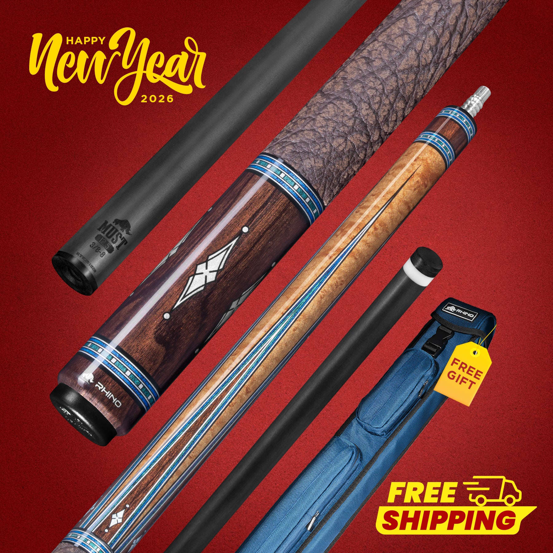 RHINO MUST POOL CUE - MAPLE AZURE INLAY