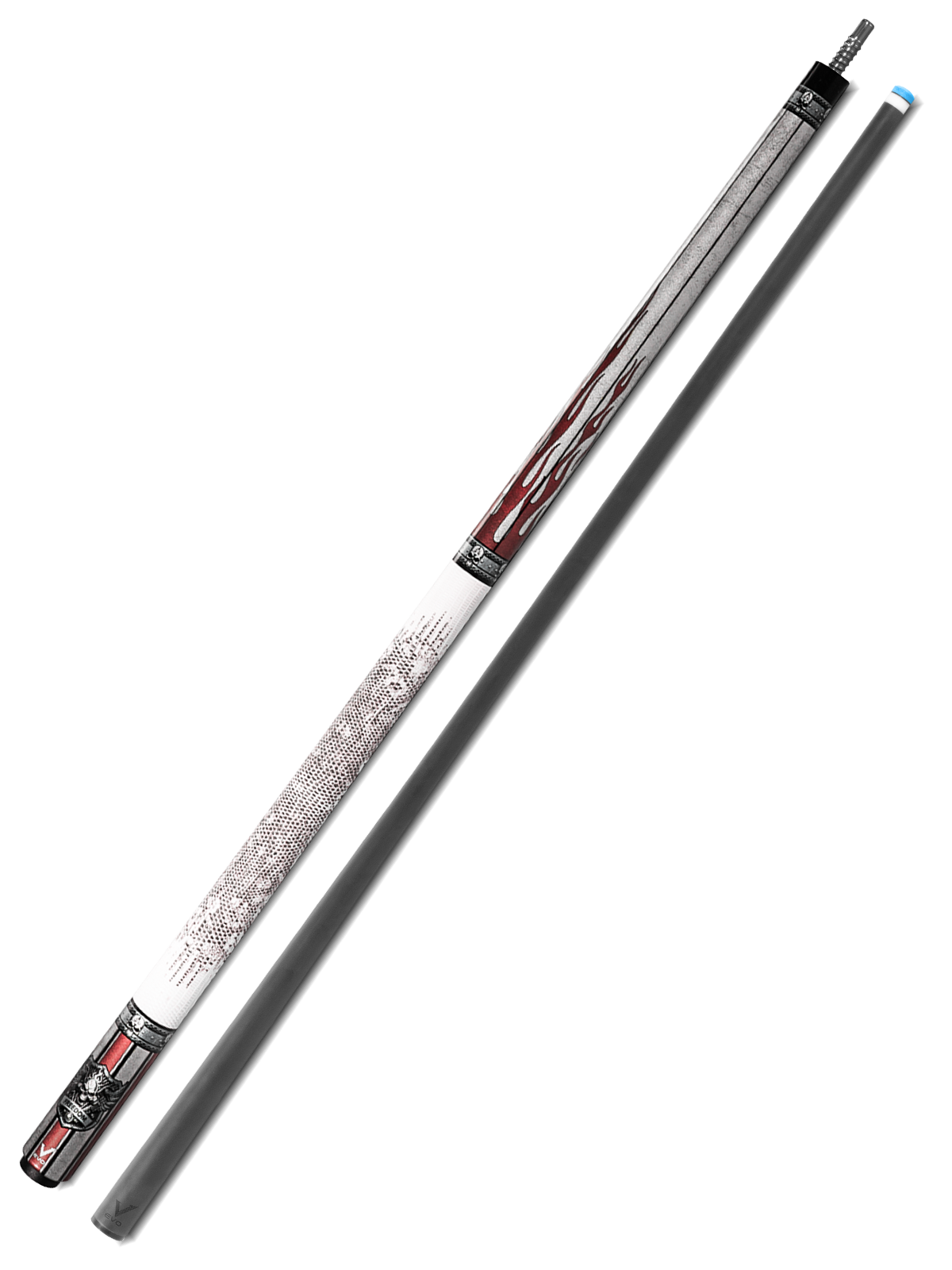EVO FREEDOM POOL CUE - CRIMSON FLAME - WHITE LEATHER WRAP